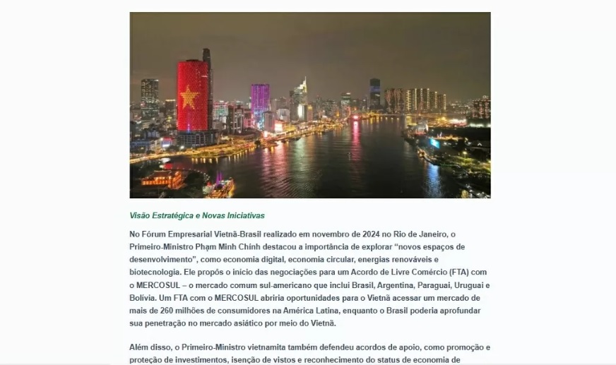 Báo Brazil: Quan hệ Đối tác chiến lược với Việt Nam là biểu tượng sống động của hợp tác Nam-Nam